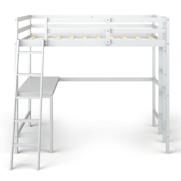 Twin Size Loft Bed Frame with Desk Angled and Built-in Ladder-WhiteCostway Gallery View 3 of 12