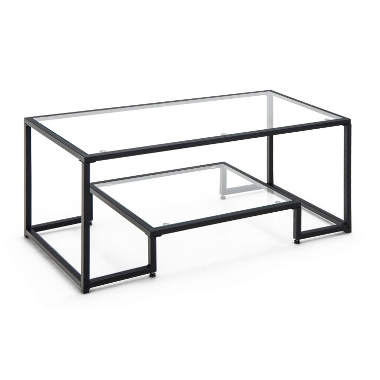 Modern Rectangular Coffee Table with Glass Table Top-BlackCostway Gallery View 1 of 10