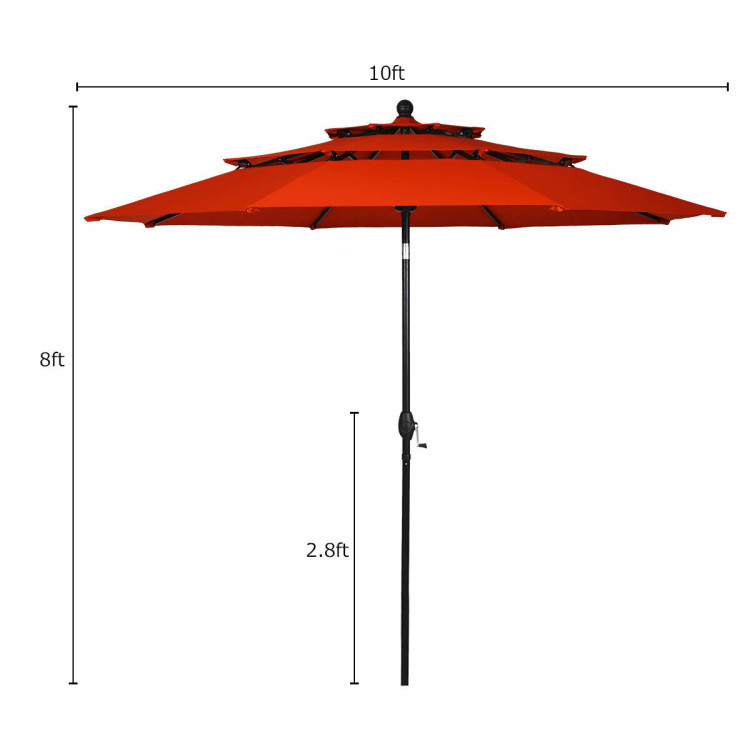 10ft 3 Tier Patio Umbrella Aluminum Sunshade Shelter Double Vented without Base-RedCostway Gallery View 12 of 12
