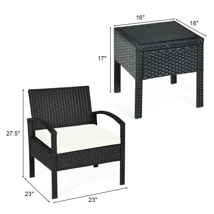 3 Pieces Outdoor Rattan Patio Conversation Set with Seat Cushions-WhiteCostway Gallery View 4 of 12