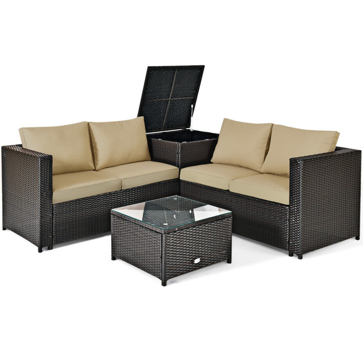4 Pcs Outdoor Patio Rattan Furniture Set with Cushioned Loveseat and Storage Box-BrownCostway Gallery View 3 of 12