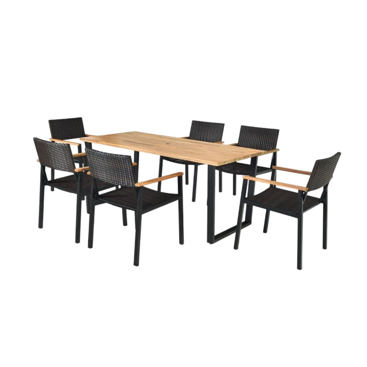 7 Pieces Outdoor Dining Set with Large Rectangle Acacia Wood Table TopCostway Gallery View 1 of 10