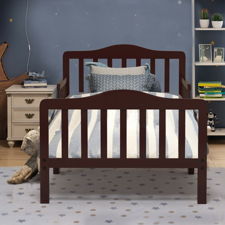 Classic Design Kids Wood Toddler Bed Frame with Two Side Safety Guardrails-BrownCostway Gallery View 8 of 12