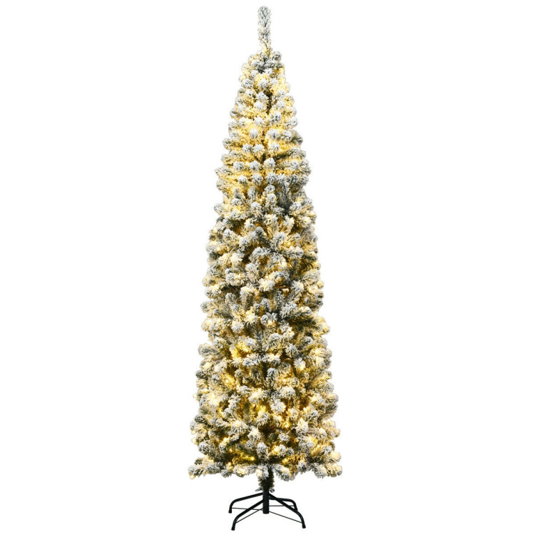 7.5 Feet Pre-lit Snow Flocked Artificial Pencil Christmas Tree with LED LightsCostway Gallery View 1 of 9