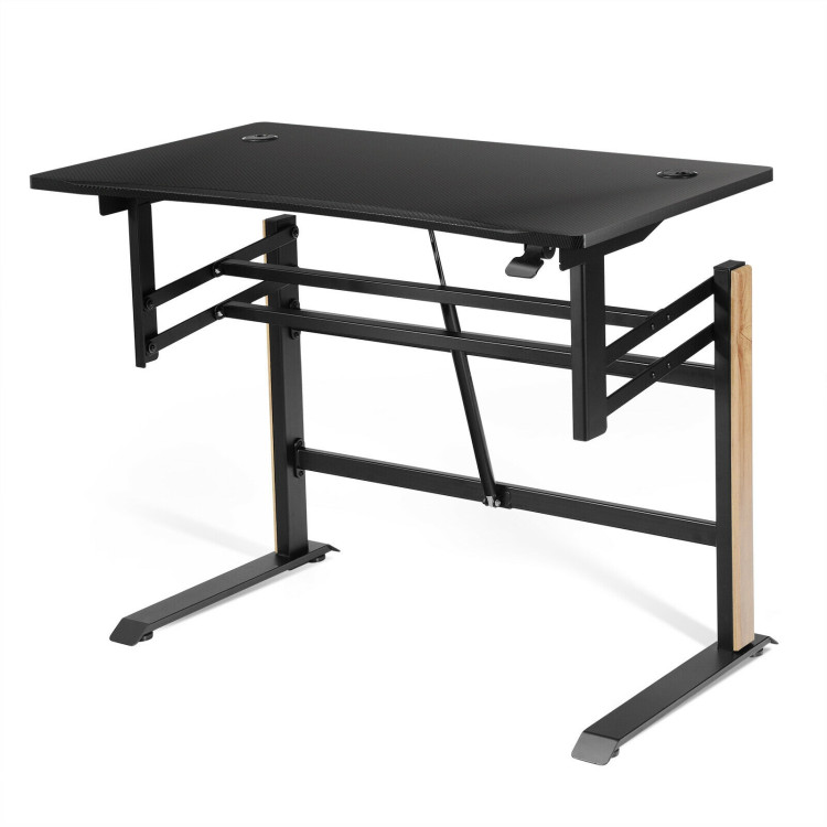 Pneumatic Height Adjustable Gaming Desk T Shaped Game Station with Power Strip Tray-BlackCostway Gallery View 6 of 12