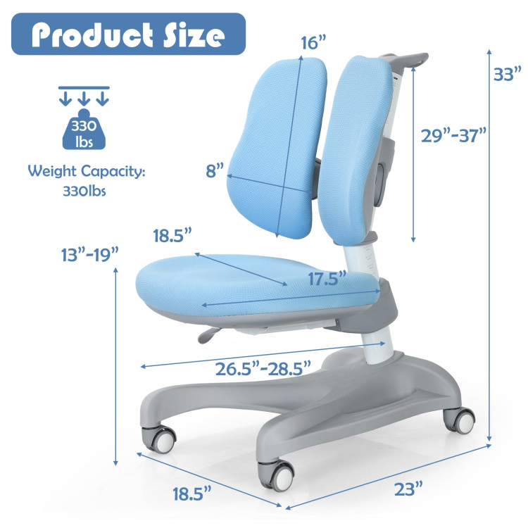 Adjustable Height Student Chair with Sit-Brake Casters and Lumbar Support for Home and School-BlueCostway Gallery View 4 of 12