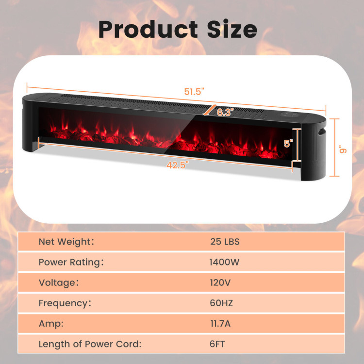 1400W Electric Baseboard Heater with Realistic Multicolor Flame-BlackCostway Gallery View 4 of 11