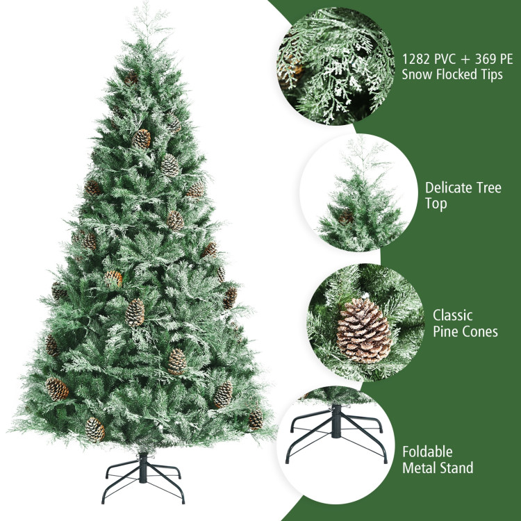 8 Feet Snow Flocked Hinged Christmas Tree with 1651 Branch Tips and Pine ConesCostway Gallery View 15 of 15