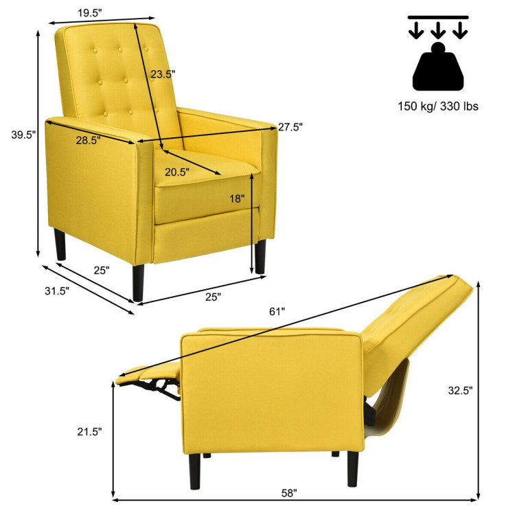 Mid-Century Push Back Recliner Chair -YellowCostway Gallery View 6 of 12