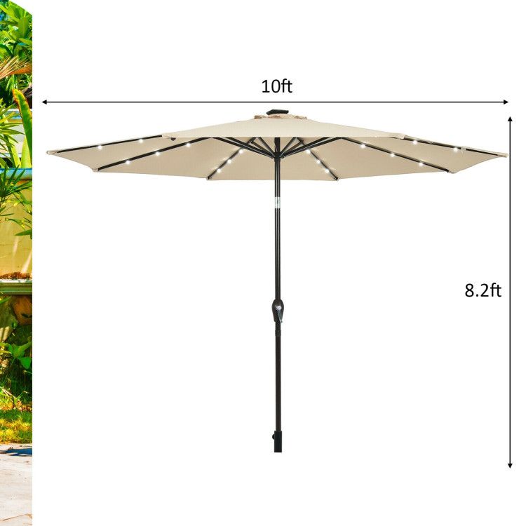 10' Solar LED Lighted Patio Market Umbrella Shade Tilt Adjustment Crank-BeigeCostway Gallery View 4 of 12