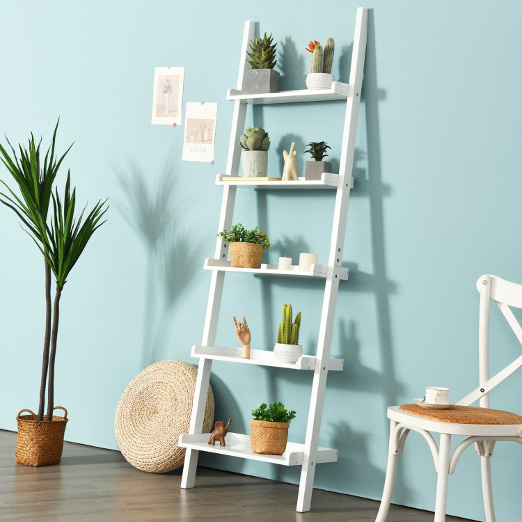  5-Tier Wall-leaning Ladder Shelf  Display Rack for Plants and Books-WhiteCostway Gallery View 6 of 12