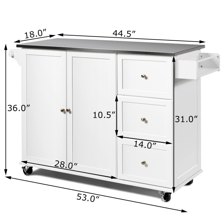 Kitchen Island 2-Door Storage Cabinet with Drawers and Stainless Steel Top-WhiteCostway Gallery View 4 of 15