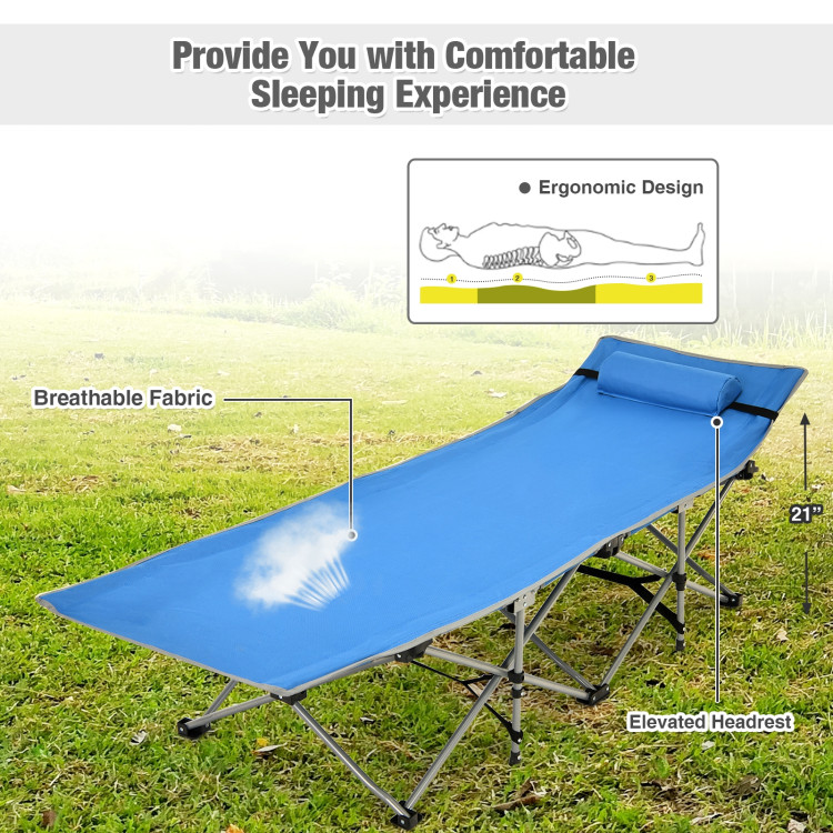 Folding Camping Cot with Side Storage Pocket Detachable Headrest-BlueCostway Gallery View 9 of 12