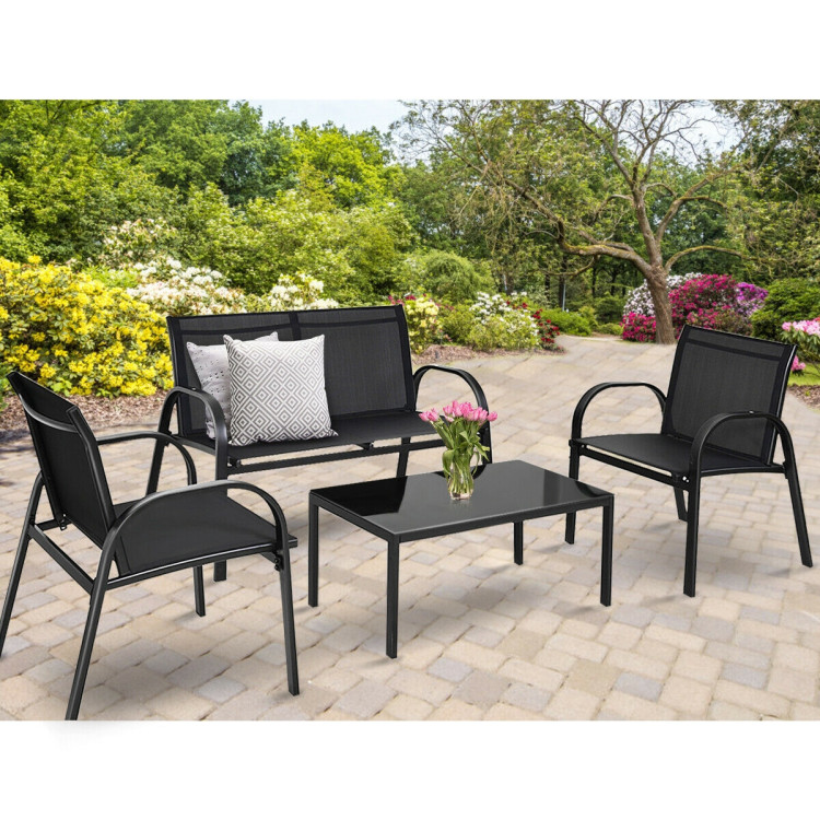 4 Pieces Patio Furniture Set with Glass Top Coffee Table-BlackCostway Gallery View 2 of 8
