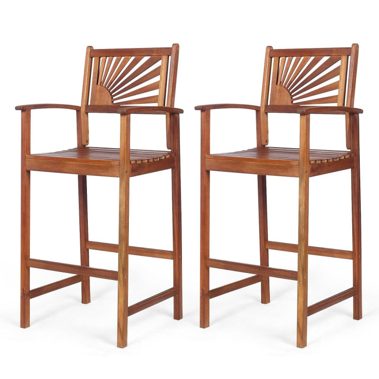 2 Pieces Outdoor Acacia Wood Bar Chairs with Sunflower Backrest and ArmrestsCostway Gallery View 3 of 12