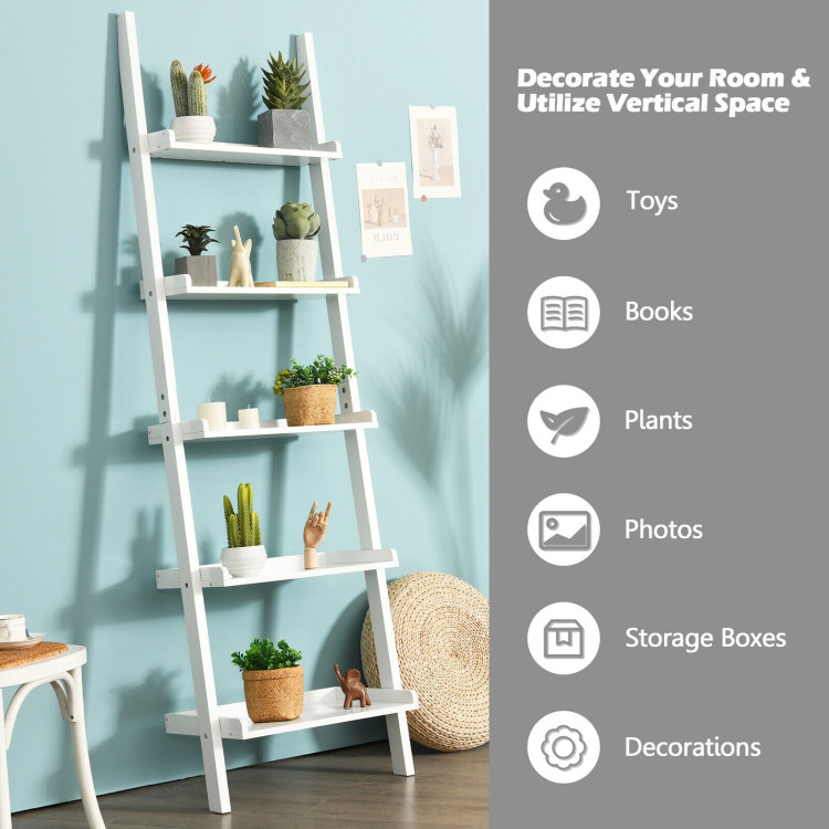  5-Tier Wall-leaning Ladder Shelf  Display Rack for Plants and Books-WhiteCostway Gallery View 2 of 12