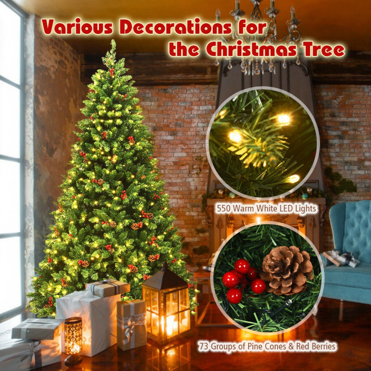 7.5 Feet Pre-lit Hinged Christmas Tree with 550 LED Lights and Sturdy Metal StandCostway Gallery View 3 of 12
