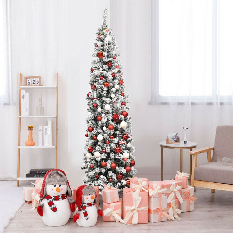 7.5 Feet Pre-lit Snow Flocked Artificial Pencil Christmas Tree with LED LightsCostway Gallery View 7 of 9