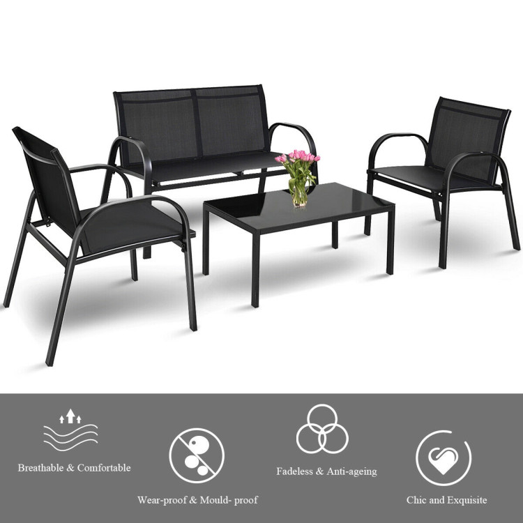 4 Pieces Patio Furniture Set with Glass Top Coffee Table-BlackCostway Gallery View 3 of 8