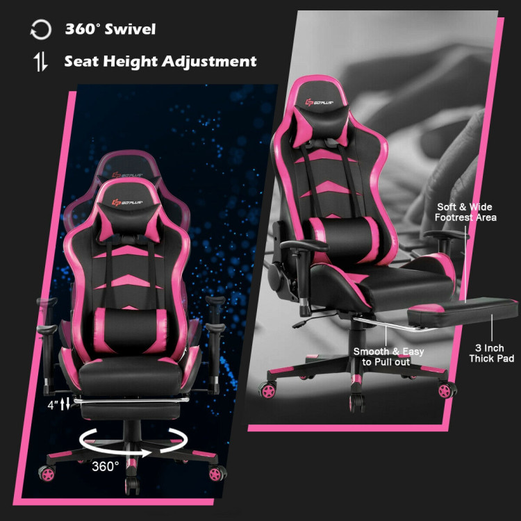 Massage Gaming Chair with Footrest-PinkCostway Gallery View 3 of 13