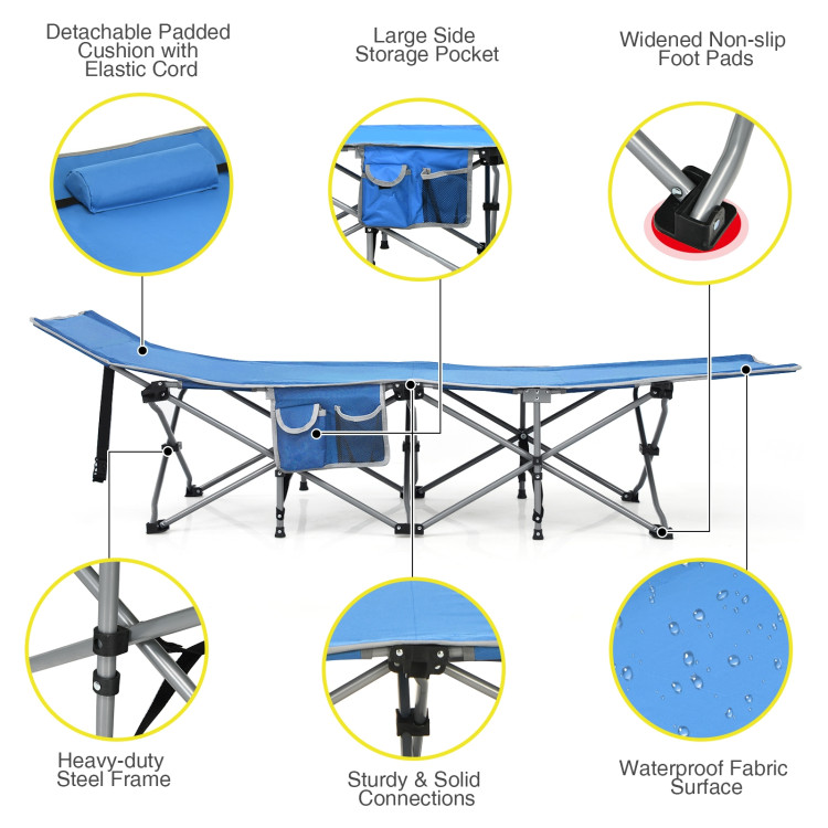 Folding Camping Cot with Side Storage Pocket Detachable Headrest-BlueCostway Gallery View 5 of 12