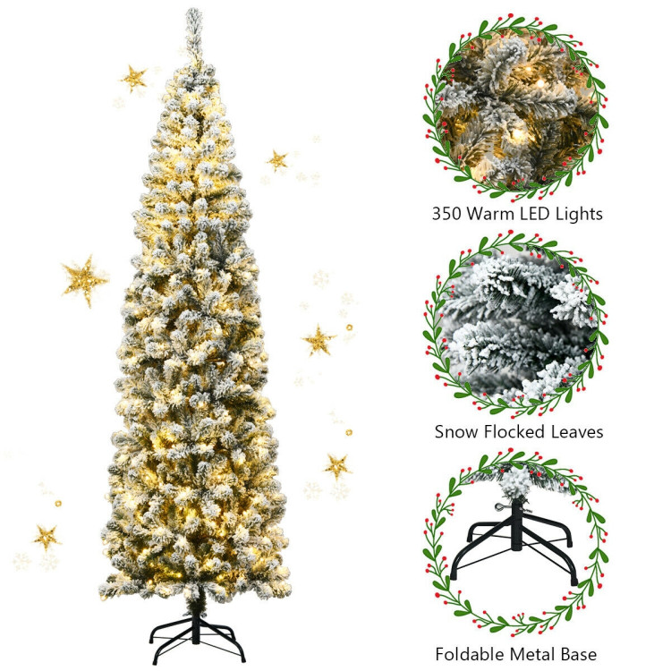 7.5 Feet Pre-lit Snow Flocked Artificial Pencil Christmas Tree with LED LightsCostway Gallery View 5 of 9