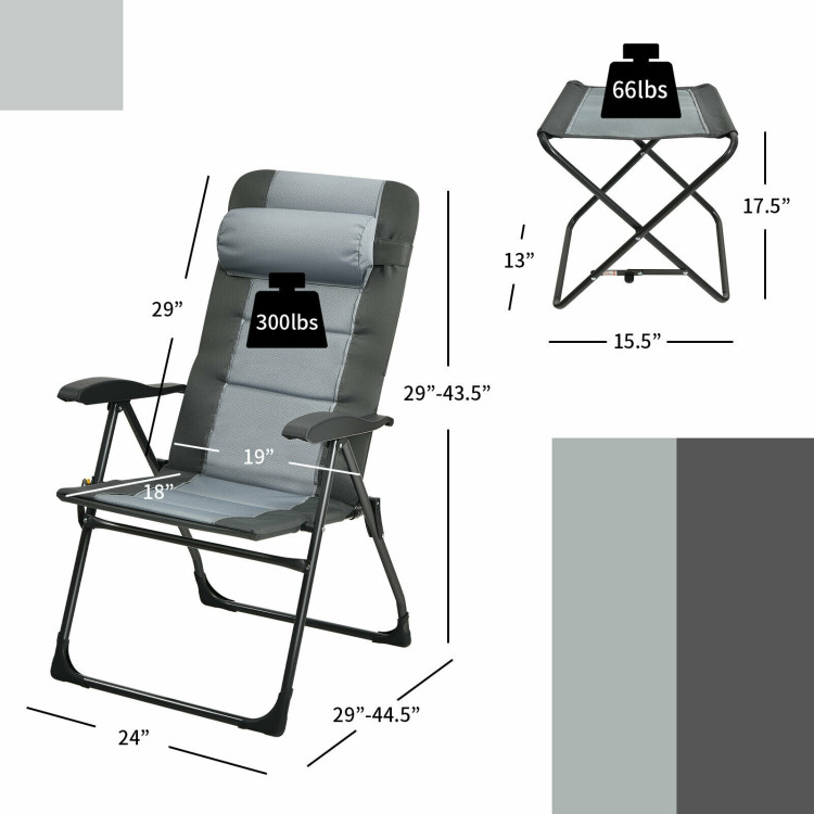 Set of 2 Patiojoy Patio Folding Dining Chair with Ottoman Set Recliner Adjustable-GrayCostway Gallery View 4 of 13