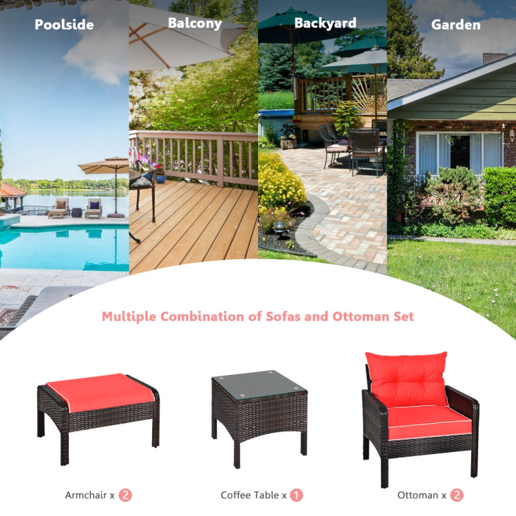 5 Pcs Patio Rattan Sofa Ottoman Furniture Set with Cushions-RedCostway Gallery View 3 of 14