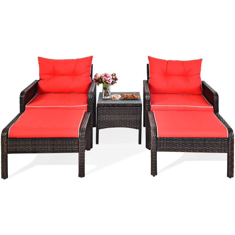 5 Pcs Patio Rattan Sofa Ottoman Furniture Set with Cushions-RedCostway Gallery View 9 of 14