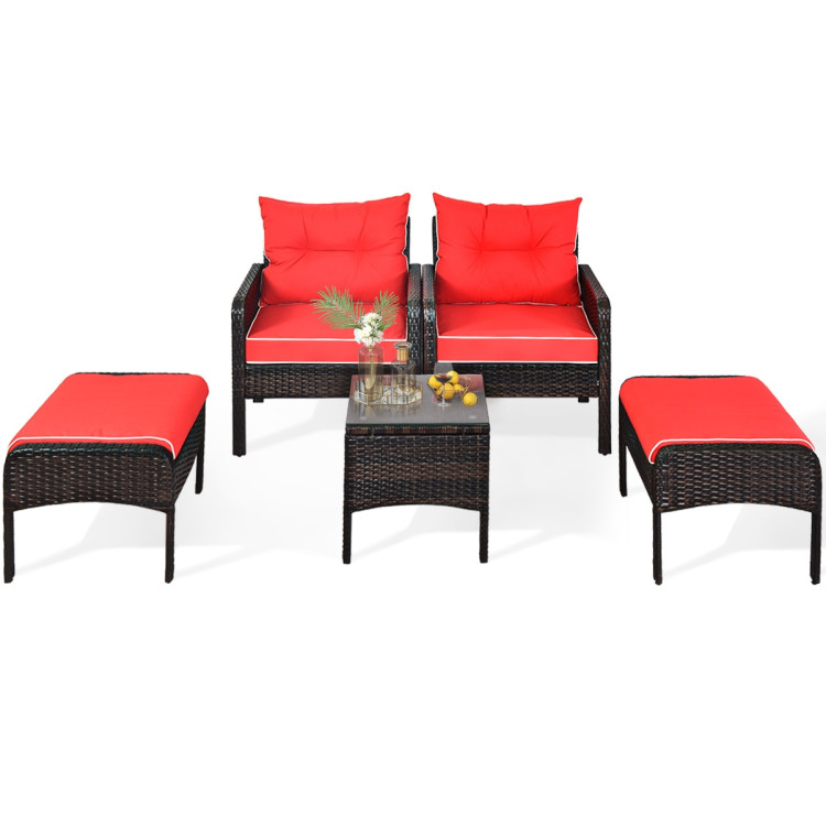 5 Pcs Patio Rattan Sofa Ottoman Furniture Set with Cushions-RedCostway Gallery View 10 of 14