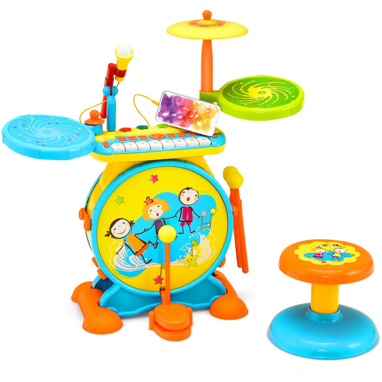 2-in-1 Kids Electronic Drum and Keyboard Set with Stool-BlueCostway Gallery View 1 of 10