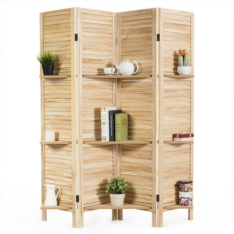 4 Panel Folding Room Divider Screen with 3 Display Shelves-BrownCostway Gallery View 3 of 12