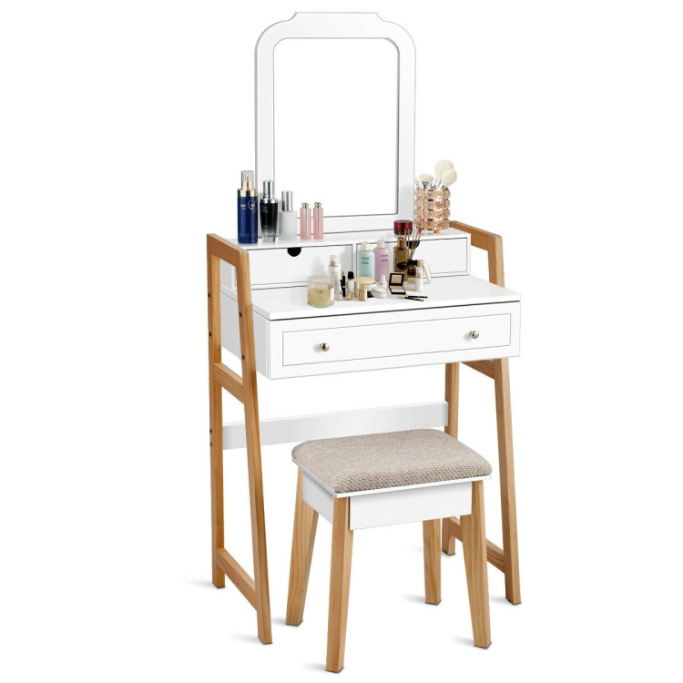 Vanity Table Set with Cushioned Stool and Large MirrorCostway Gallery View 5 of 12