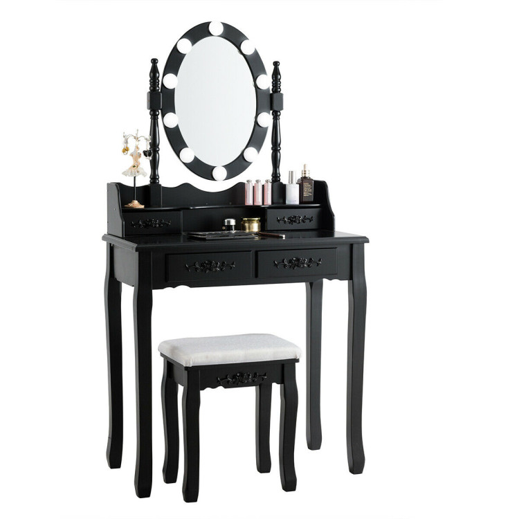 Makeup Dressing Table with Touch Switch Lighted Mirror and Cushioned Stool-BlackCostway Gallery View 4 of 12