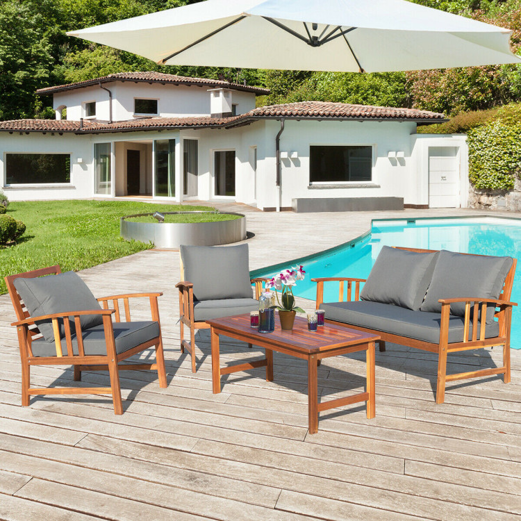 4 Pcs Wooden Patio Furniture Set Table Sofa Chair Cushioned GardenCostway Gallery View 7 of 10
