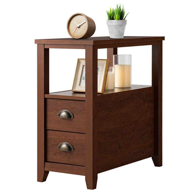 End Table Wooden with 2 Drawers and Shelf Bedside Table-BrownCostway Gallery View 5 of 11
