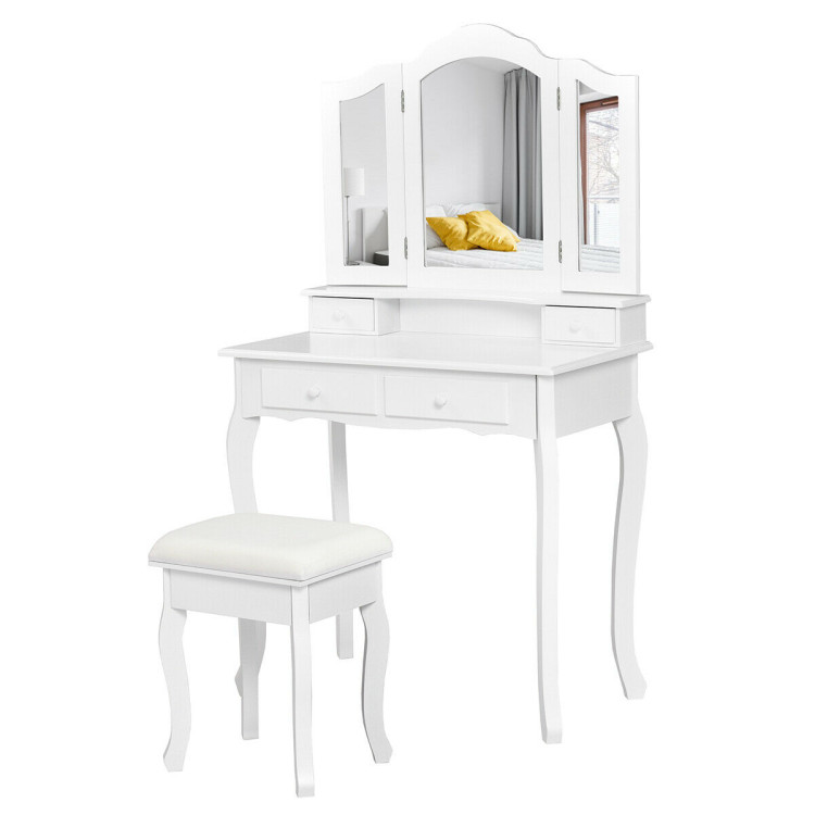 4 Drawers Wood Mirrored Vanity Dressing Table with Stool-WhiteCostway Gallery View 5 of 12