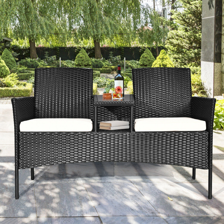 Patio Rattan Set Sofa Cushioned Loveseat Glass Table ChairsCostway Gallery View 7 of 12