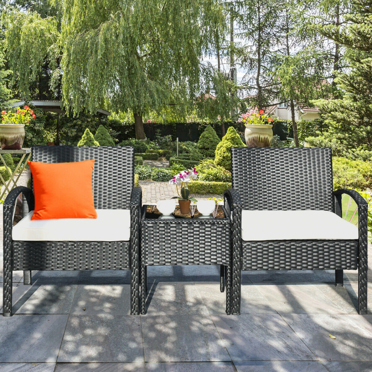 3 Pieces Outdoor Rattan Patio Conversation Set with Seat Cushions-WhiteCostway Gallery View 6 of 12