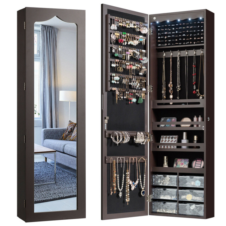 5 LEDs Jewelry Armoire Wall Mounted / Door Hanging Mirror-BrownCostway Gallery View 10 of 12