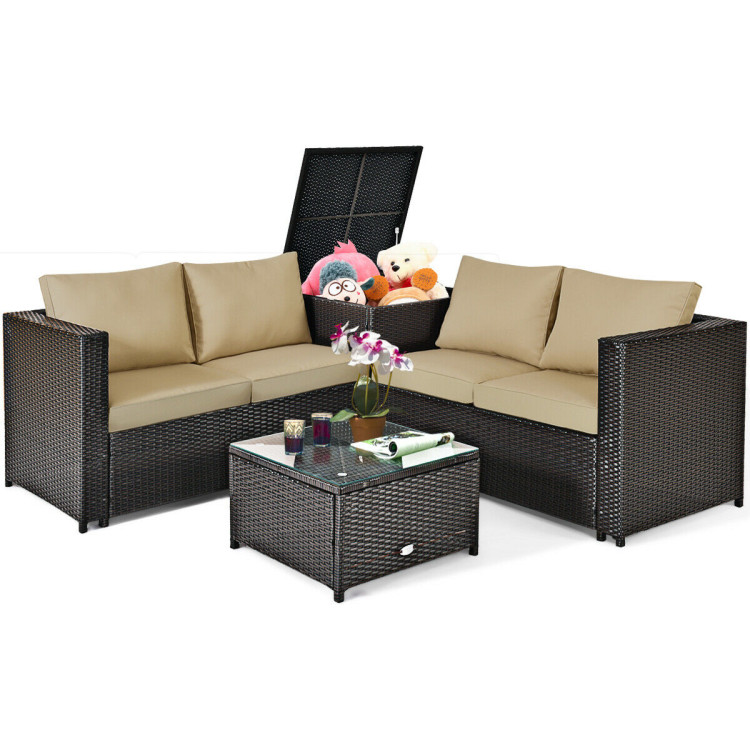 4 Pcs Outdoor Patio Rattan Furniture Set with Cushioned Loveseat and Storage Box-BrownCostway Gallery View 8 of 12