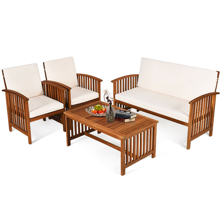 4 Pieces Patio Solid Wood Furniture Set-Beige - Gallery View 8 of 11