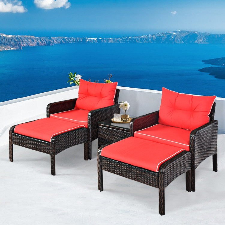 5 Pcs Patio Rattan Sofa Ottoman Furniture Set with Cushions-RedCostway Gallery View 2 of 14