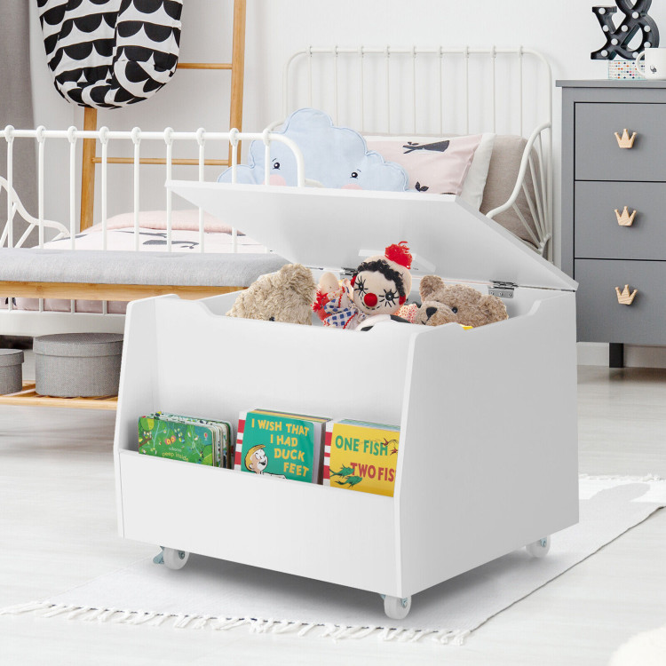 Wooden Mobile Toy Storage Organizer with Bookshelf and Lockable Wheels-WhiteCostway Gallery View 6 of 10