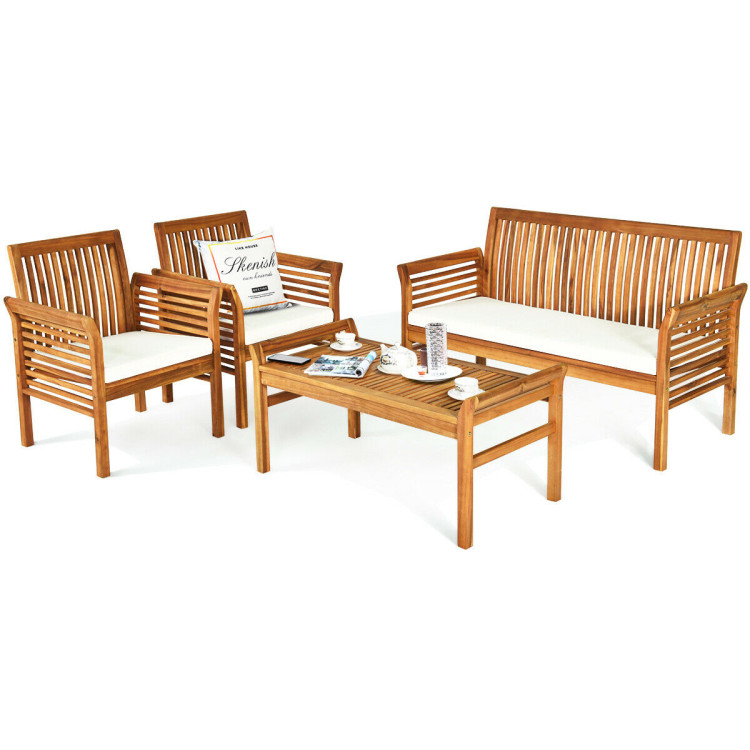 4 Pieces Outdoor Acacia Wood Sofa Furniture SetCostway Gallery View 8 of 11