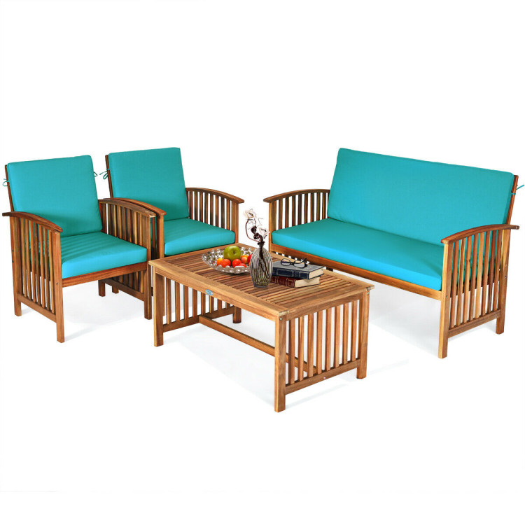 4 Pieces Patio Solid Wood Furniture Set-BlueCostway Gallery View 4 of 11
