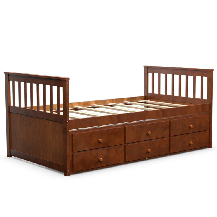 Twin Captain’s Bed with Trundle and 3 Storage Drawers-WalnutCostway Gallery View 1 of 12