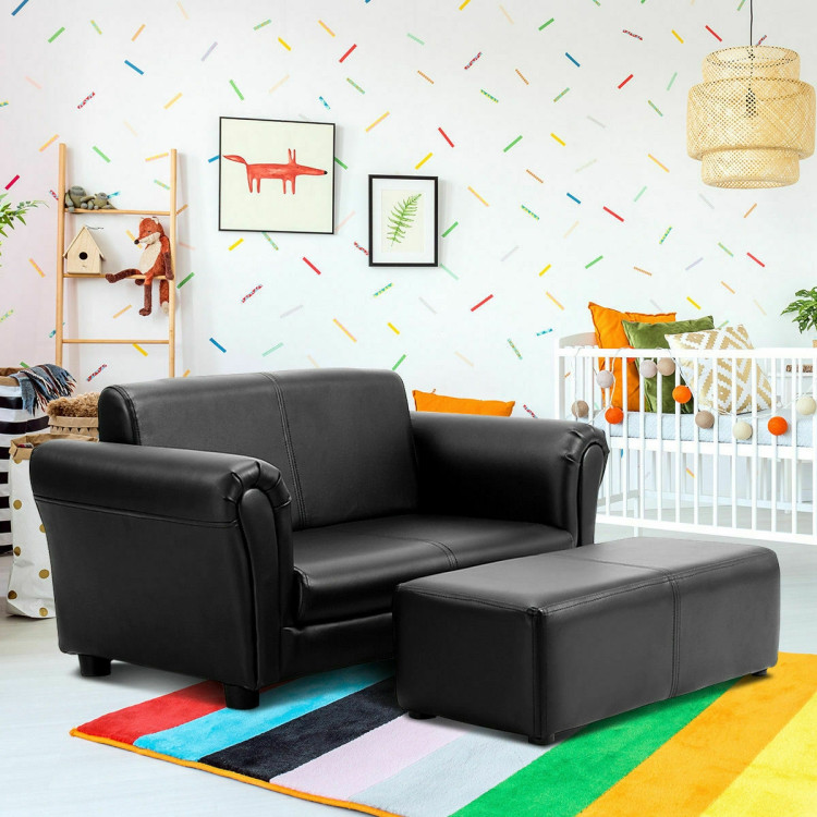 Black/White Kids Double Sofa with Ottoman-BlackCostway Gallery View 2 of 12