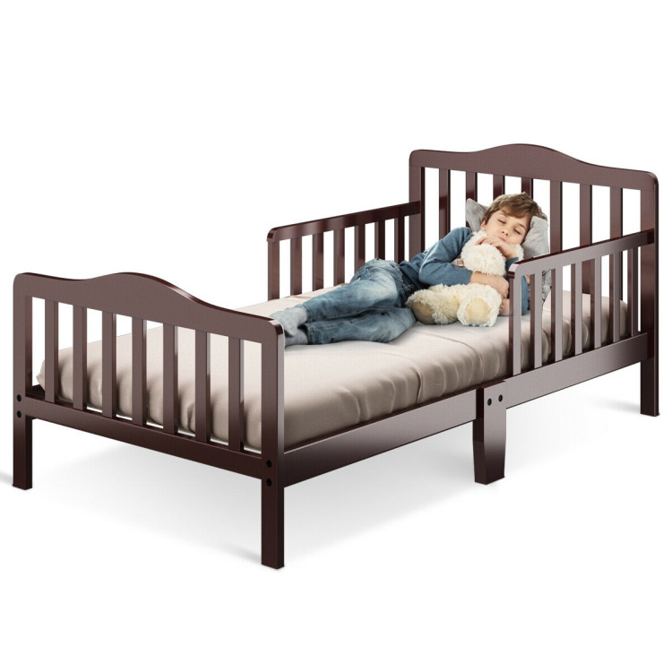 Classic Design Kids Wood Toddler Bed Frame with Two Side Safety Guardrails-BrownCostway Gallery View 3 of 12