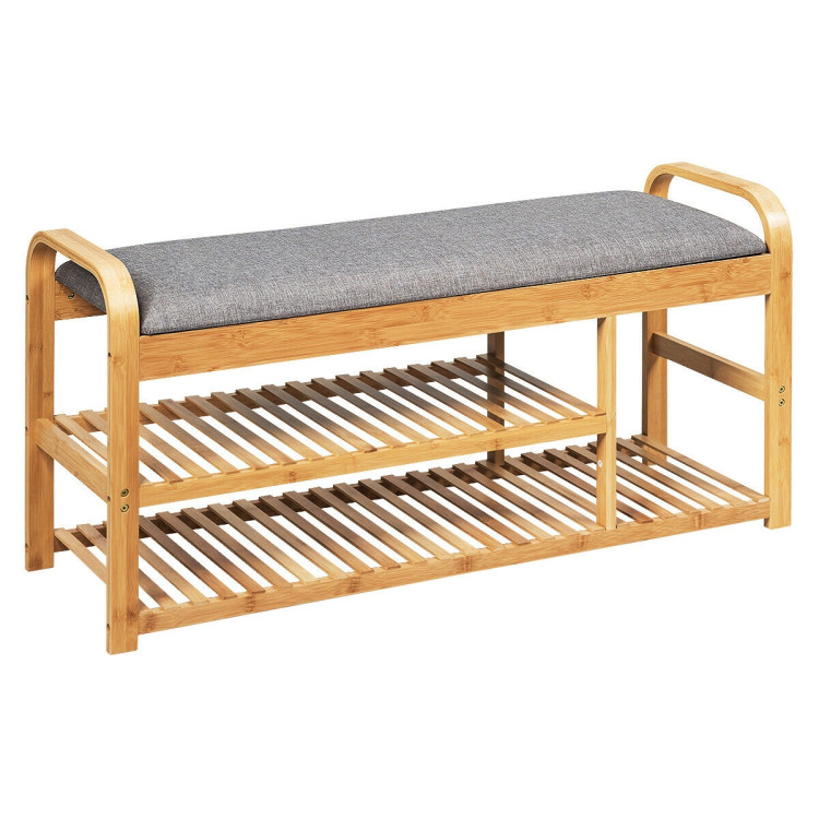 3-Tier Bamboo Shoe Rack Bench with Cushion-NaturalCostway Gallery View 1 of 12